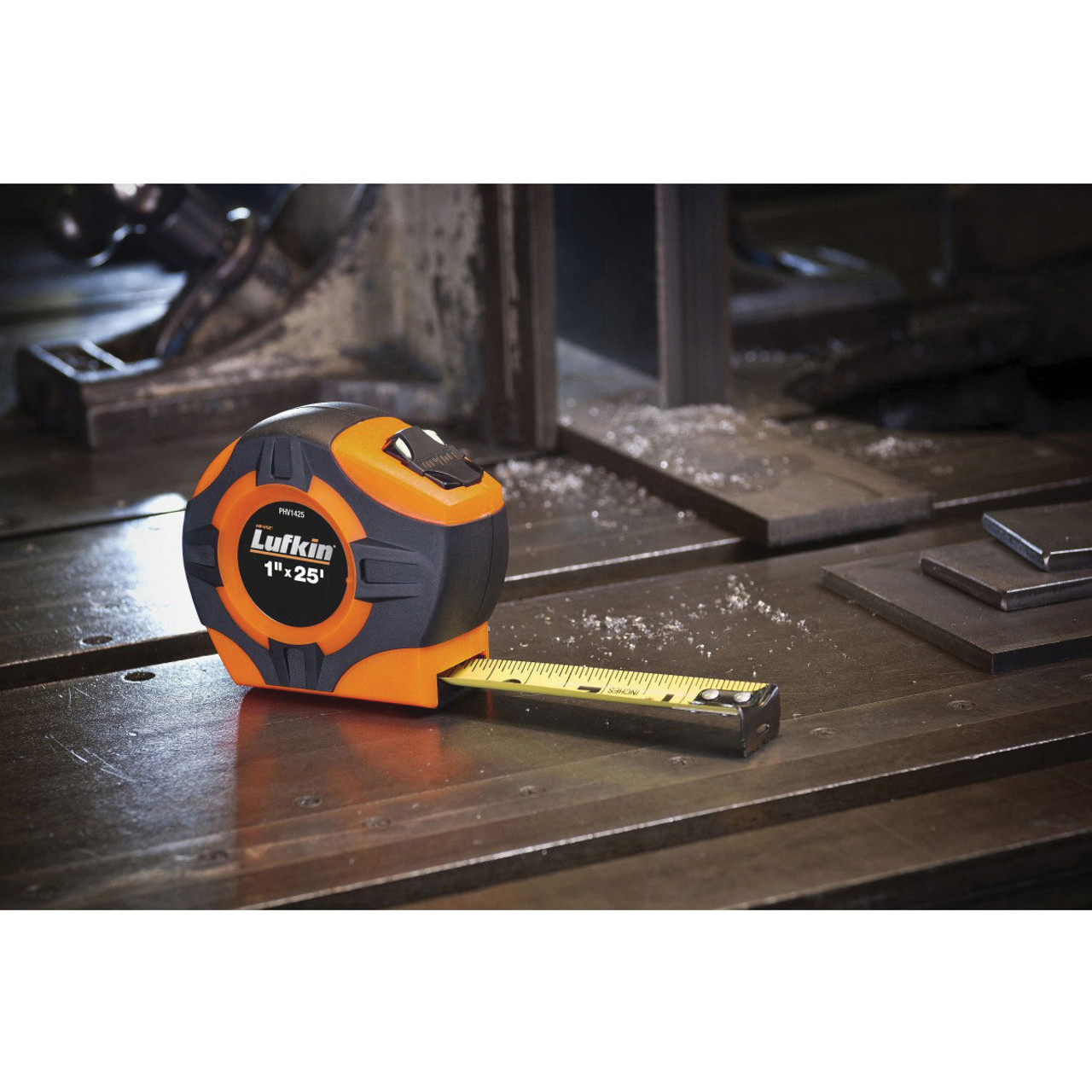 Measuring Tape, Single Sided, Imperial, 25 ft Lg Blade, 1 in Wd Blade, Steel Blade, 1/16 in, 9 ft Standout, Power Return Rewind, Automatic/Toggle, Closed Case