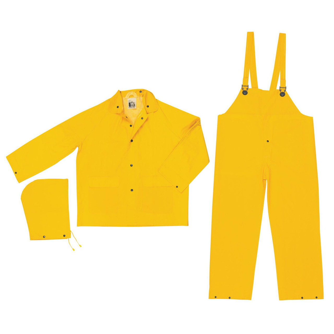 Rainwear Coat, 3-Piece, Medium, Yellow , Polyester, 52 in Chest, 27-1/2 in Lg, Take-Up Snap Closure, Detachable Hood, 2 -Pocket