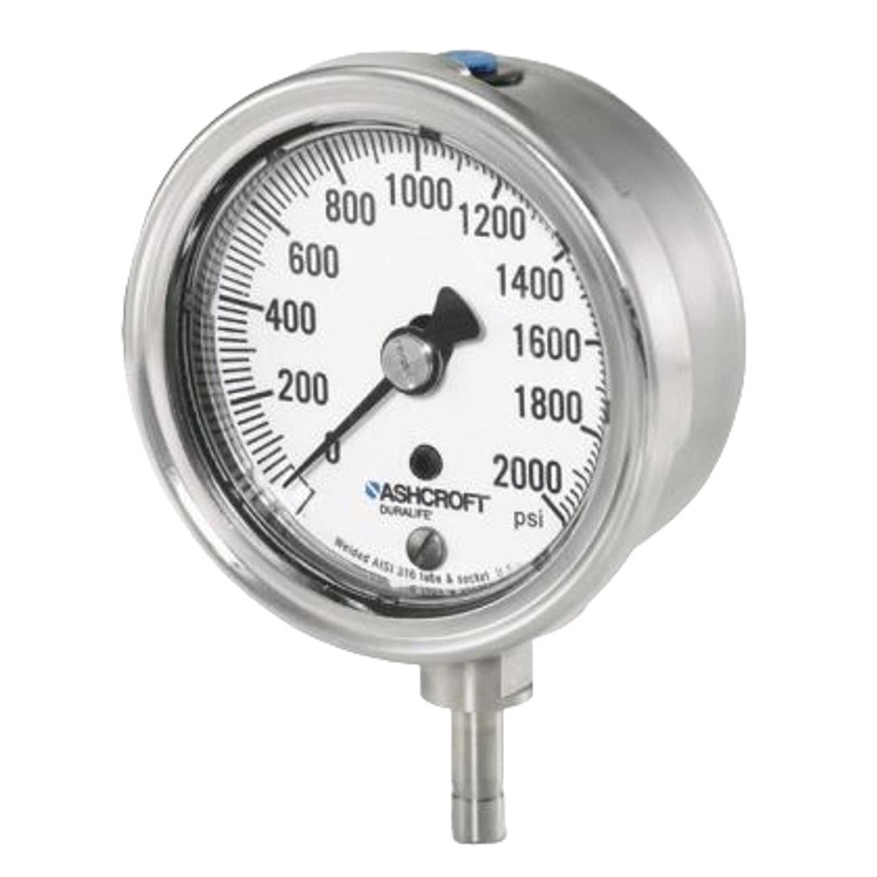 Mechanical Pressure Gauge, Dry, 2000 psi, 1/4 in MNPT, 2-1/2 in Dia Dial, +/-1%, 0.2 psi, Dial Display, -40 to 150 deg F, Stem Mount, 2-3/4 in dia,  1-1/4 in dp