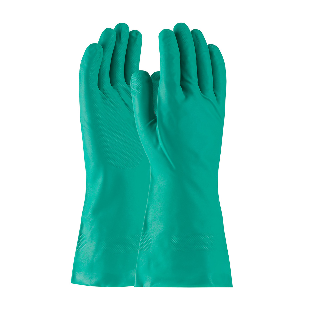 Chemical Resistant Gloves, Medium Weight, X-Large, Nitrile Palm, Nitrile, Green , Unlined, Straight Cuff, Unsupported, 13 in Lg, 15 mil Thk