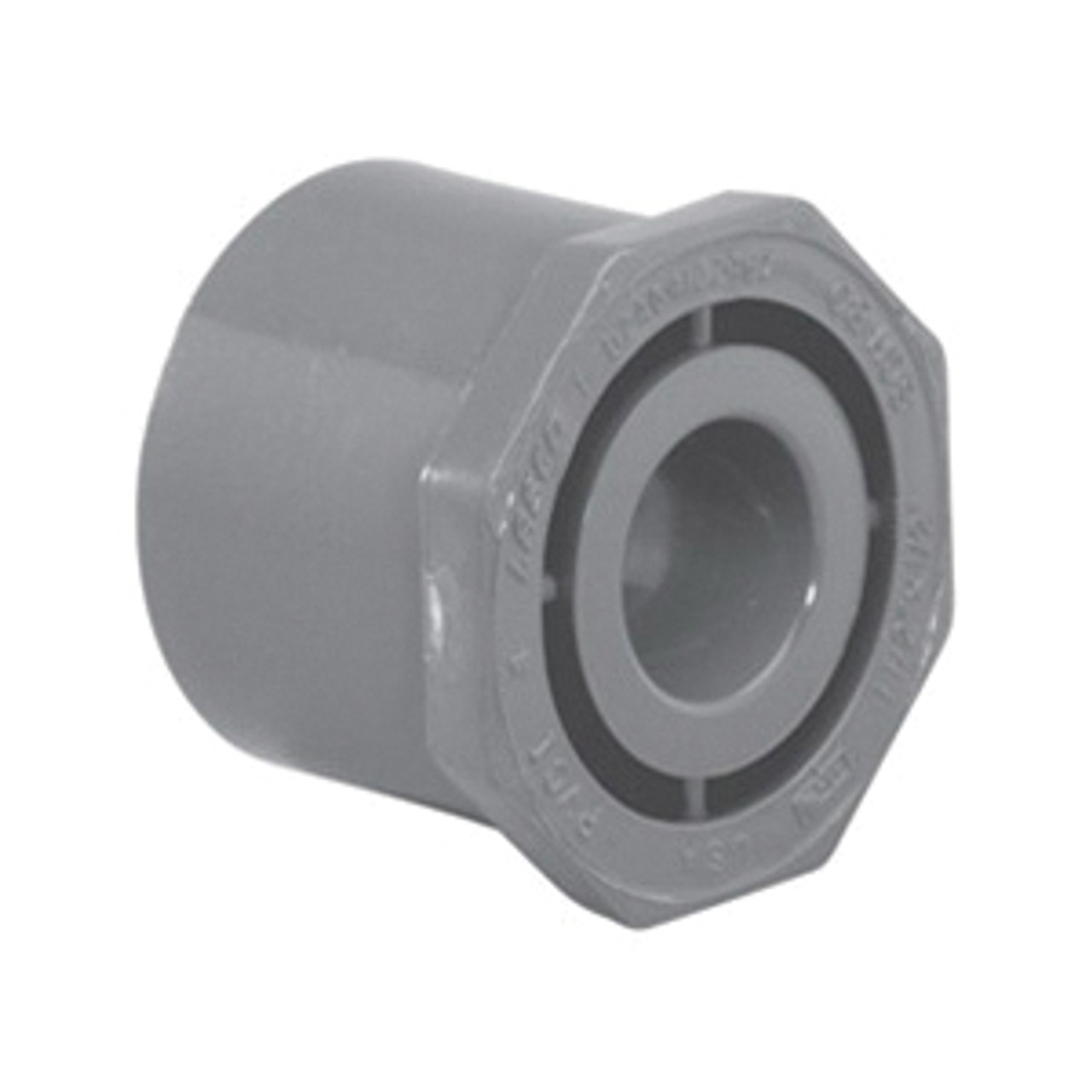 Reducer Bushing, Flush Style, Bushing, 1/2 x 1/4 in, Spigot x Slip End, SCH 80, Injection-Molded, PVC, Gray , Domestic Reducer Bushing, Flush Style, Bushing, 1/2 x 1/4 in, Spigot x Slip End, SCH 80, Injection-Molded, PVC, Gray , Domestic