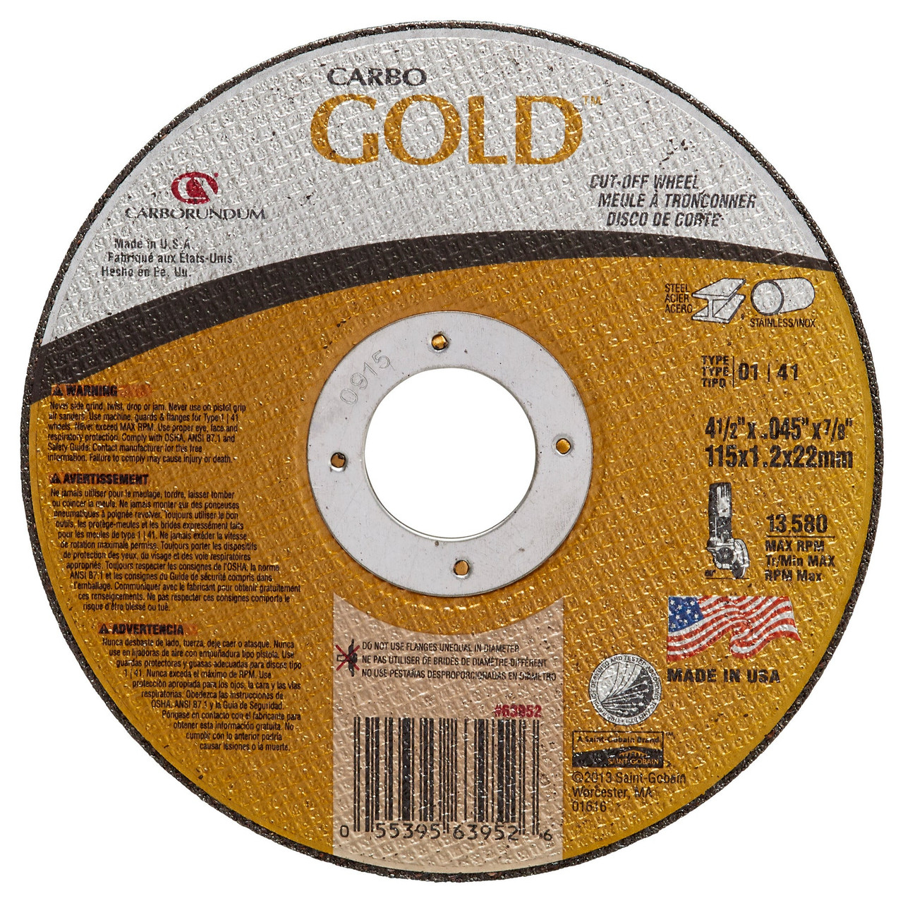 CARBORUNDUM Cut-Off Wheel, 4-1/2 in Dia Wheel, 0.45 in Thk Wheel, 60 Grit, Aluminium Oxide Abrasive, 13580 rpm Max, Resin Bond, Stainless Steel,  Steel,  Metal Applicable