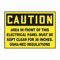 Accuform® LELC601VSP Caution Safety Label, 5 in L x 3-1/2 in W, CAUTION - AREA IN FRONT OF THIS ELECTRICAL PANEL MUST BE KEPT CLEAR FOR 36 INCHES OSHA-NEC REGULATIONS Legend, Black/Yellow, Adhesive Vinyl, 5 per Pack Labels