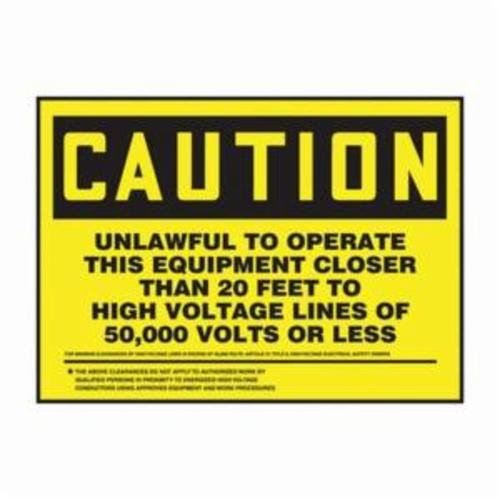 Accuform® LELC644VSP Caution Safety Label, 7 in L x 5 in W, CAUTION - UNLAWFUL TO OPERATE THIS EQUIPMENT CLOSER THAN 20 FEET TO HIGH VOLTAGE LINES OF 50000 VOLTS OR LESS Legend, Black/Yellow, Adhesive Vinyl, 5 per Pack Labels
