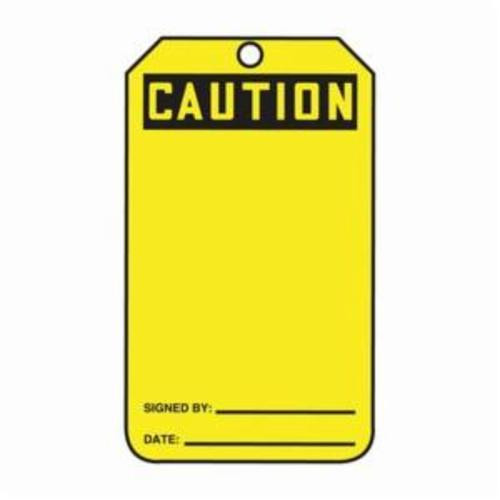 Accuform® MGT200PTP Caution Safety Tag, 5-3/4 in H x 3-1/4 in W, Black/Yellow, 3/8 in Hole, Plastic