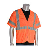 Zipper Mesh Vest, High-Vis Orange, Polyester Mesh, Silver Stripe, 28 in Lg, Zipper Closure, 4 -Pocket