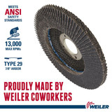 WEILER Wolverine Flap Disc, 4-1/2 in Dia Disc, 7/8 in Center Hole, Zirconia Alumina Abrasive, Type 29 Angled Disc, Blue