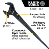 Construction Wrench, Versatile, Adjustable, 1-5/8 in Wrench Open, 16 in Lg, 0.79 in Wd Jaw, Taper, Alloy Steel Body, Alloy Steel, Black Oxide Coated