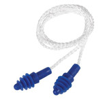 Ear Plug, Multiple-Use, Corded, 27 dB, 4-Flange Shape, Medium, Blue Plug, Thermoplastic Elastomer Plug, White Cord, Nylon Cord, Reusable