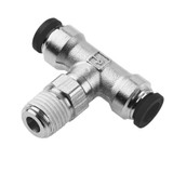 PARKER Tee, Swivel, 3/8 x 1/4 in, Push-to-Connect x MNPTF End, 9/16 in Hex, 300 psi, 0 to 200 deg F, Brass, Nickel Plated, Domestic