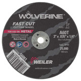 WEILER WOVERINE Cut-Off Wheel, 3 in Dia Wheel, 0.035 in Thk Wheel, 1/4 in Center Hole, 60 Grit, Fine, White Aluminium Oxide Abrasive, 25000 rpm Max, Resin Bond, Type 1