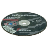 WEILER WOVERINE Cut-Off Wheel, 3 in Dia Wheel, 0.035 in Thk Wheel, 1/4 in Center Hole, 60 Grit, Fine, White Aluminium Oxide Abrasive, 25000 rpm Max, Resin Bond, Type 1