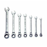 Ratcheting Wrench Set, Reversible, Polished Chrome,  Mirror Polished, Chromium Vanadium Steel, 7 -Piece, 5/16 to 3/4 in, 15 deg Offset,  Open/Box End Drive