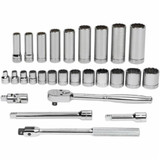 Socket and Drive Tool Set, 12 -Point, 3/8 in Drive, Steel, Chrome Vanadium, Imperial, 27 -Piece