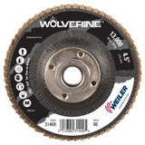 WEILER Wolverine Flap Disc, Fast Cut, 4-1/2 in Dia Disc, 7/8 in Center Hole, 60 Grit, Medium, Zirconia Alumina Abrasive, Type 27 Flat Disc, Phenolic Backing, 13000 rpm Max