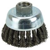 WEILER VORTEX Cup Brush, Flat Surface, 2-3/4 in Dia Brush, 5/8 in-11 Arbor Hole, Knot Filament/Wire, 0.02 in Dia Wire, Carbon Steel Wire Fill, 1 in Lg Trim, 14000 rpm Max