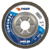 WEILER Tiger Flap Disc, 4-1/2 in Dia Disc, 7/8 in Center Hole, 120 Grit, Fine, Zirconia Alumina Abrasive, Type 29 Angled Disc, Aluminium Backing, 13000 rpm Max, Blue Color