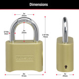 Padlock, 1 in Ht Shackle, 1 in Wd Shackle, Zinc Shackle, 2 in Wd Body, 4-Digit dialing Locking, Gold , Resettable Key, 5/16 in Dia Shackle, Brass Body