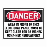 Accuform® LELC002VSP Danger Safety Label, 5 in L x 3-1/2 in W, DANGER AREA IN FRONT OF THIS ELECTRICAL PANEL MUST BE KEPT CLEAR FOR 36 INCHES - OSHA-NEC REGULATIONS Legend, Black/Red/White, Adhesive Vinyl, 5 per Pack Labels