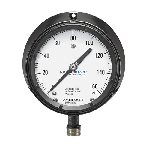 Mechanical Pressure Gauge, Dry, 1/2 in MNPT, 4-1/2 in Dia Dial, +/-1/2%, 0.2 psi, Dial Display, Stem Mount, 400 psi, 45-1279rs-4l