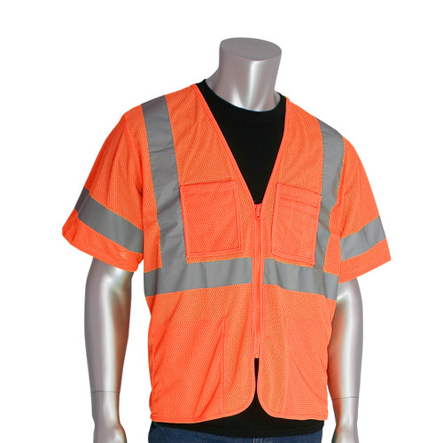 Zipper Mesh Vest, High-Vis Orange, Polyester Mesh, Silver Stripe, 28 in Lg, Zipper Closure, 4 -Pocket