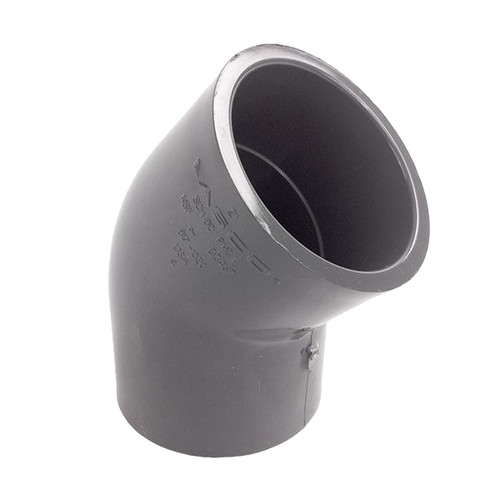 Elbow, 45 deg Elbow, Socket End, SCH 80/XH, Injection-Molded, PVC, Gray, 140 deg F, Domestic Elbow, 45 deg Elbow, Socket End, SCH 80/XH, Injection-Molded, PVC, Gray, 140 deg F, Domestic