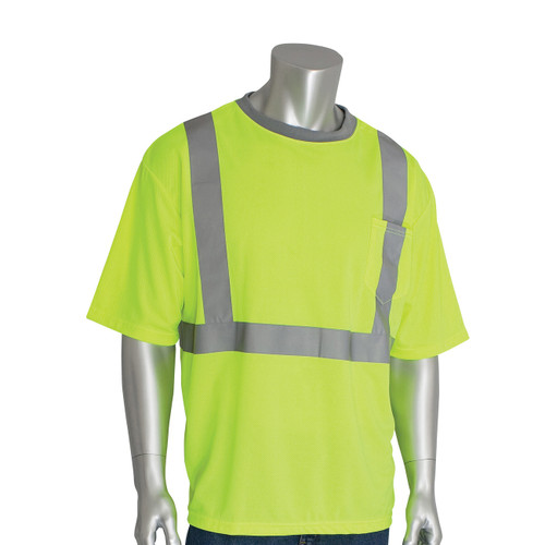 PIP T-Shirt, Crew Neck,  Short Sleeve, Bird's Eye Polyester, 140 gsm Fabric, 1 -Pocket, High-Vis Lime Yellow