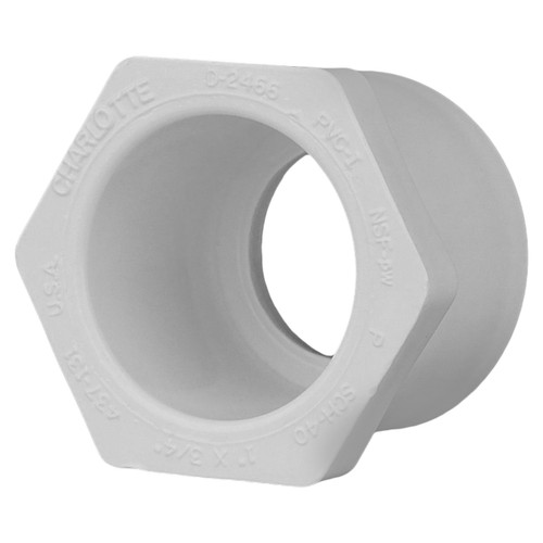 Reducer Bushing, Flush Style, Bushing, Spigot x Slip End, SCH 40, 125 lb, Injection-Molded, PVC, White