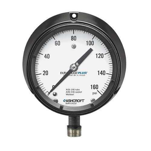 Mechanical Pressure Gauge, Dry, 1/2 in MNPT, 4-1/2 in Dia Dial, +/-1/2%, 0.2 psi, Dial Display, Stem Mount, 400 psi, 45-1279as-4l