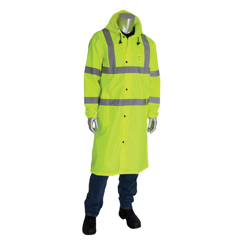 Rainwear Coat, All Purpose,  Waterproof, 150D Polyester Coated Polyurethane, 48 in Lg, 1 High-Visibility
