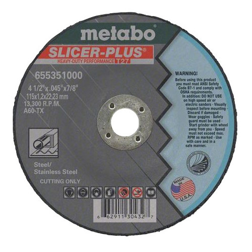 METABO Slicer Plus Cut-Off Wheel, Long Life,  Straight, 0.045 in Thk Wheel, 7/8 in Center Hole, 60 Grit, Medium, Resin Bond, 4-1/2 to 6 in, 65535
