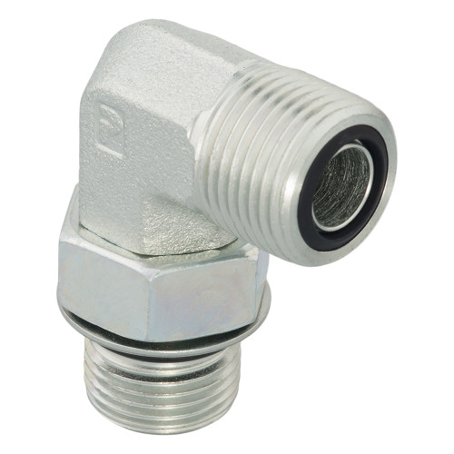 PARKER Hydraulic Elbow, Male O-Ring Face Seal x Male SAE-ORB End, 90 deg, Steel, Chromium 6 Free Plated