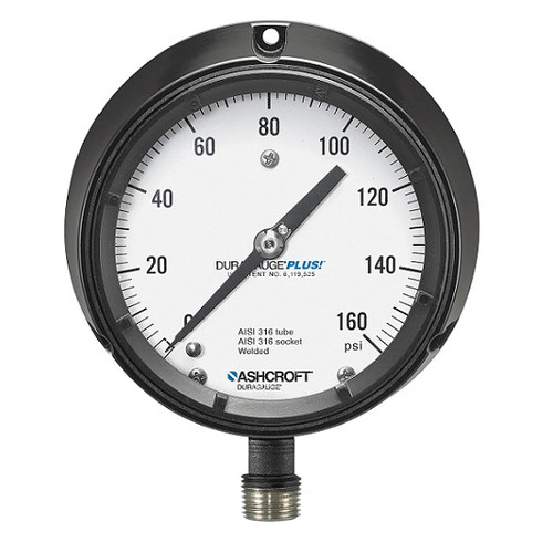 Mechanical Pressure Gauge, Dry, 1/4 in MNPT, 4-1/2 in Dia Dial, +/-1/2%, 0.2 psi, Dial Display, Stem Mount, 15 to 30000 psi
