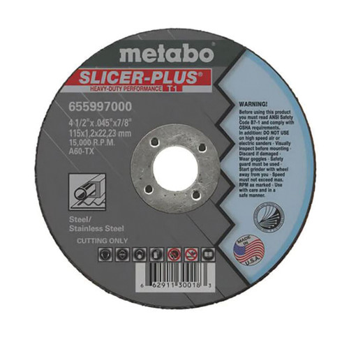METABO Slicer Plus Cut-Off Wheel, Long Life,  Straight, 0.045 in Thk Wheel, 7/8 in Center Hole, 60 Grit, Medium, Resin Bond, 4-1/2 to 6 in, 65599