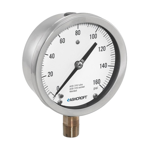Mechanical Pressure Gauge, Dry, 1/4 in MNPT, 4-1/2 in Dia Dial, +/-1%, Dial Display, -20 to 250 deg F