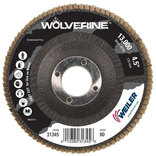WEILER Wolverine Flap Disc, 4-1/2 in Dia Disc, 7/8 in Center Hole, Zirconia Alumina Abrasive, Type 29 Angled Disc, Blue WEILER Wolverine Flap Disc, 4-1/2 in Dia Disc, 7/8 in Center Hole, Zirconia Alumina Abrasive, Type 29 Angled Disc, Blue