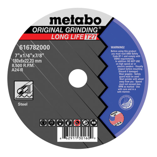 METABO LONGLIFE ORIGINAL Type 27 Grinding Wheel, T Wheel Hardness, Black Wheel, 1 Reinforced, General Purpose, 1/4 in Thk Wheel, Coarse