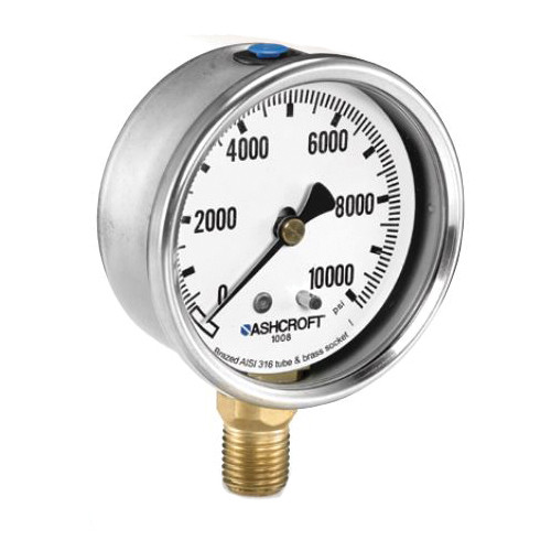 Mechanical Pressure Gauge, Dry, 1/4 in MNPT, 3-1/2 in Dia Dial, +/-3-2-3%, 1/2 psi, Dial Display, Panel Mount, 0 to 10000 psi, 100-1008s