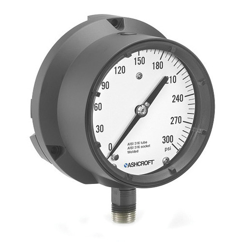 Mechanical Pressure Gauge, Dry, 1/4 in MNPT, 4-1/2 in Dia Dial, +/-1%, Dial Display, -20 to 250 deg F, Black