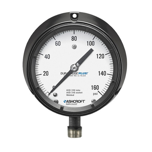 Mechanical Pressure Gauge, Dry, 1/2 in MNPT, 4-1/2 in Dia Dial, +/-1/2%, 0.2 psi, Dial Display, Stem Mount, 600 psi