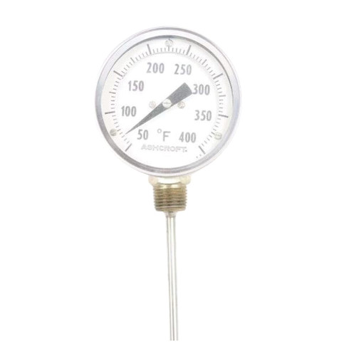 Thermometer, Bi-Metal, 6 in Dial, 1/2 in NPT, Lower Connection, 6 in Lg Stem, Stainless Steel