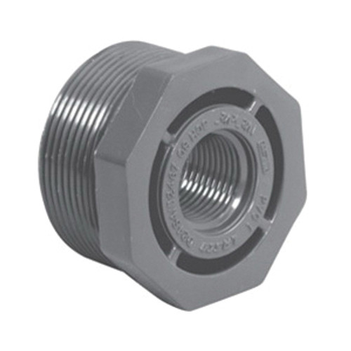 Reducer Bushing, Flush Style, Bushing, MNPT x FNPT End, SCH 80, Injection-Molded, PVC, Gray, 140 deg F, 3 x 2-1/2 in