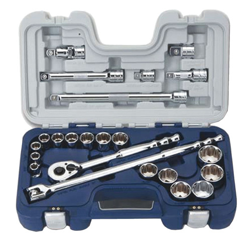 Socket Sets, 12 -Point, 1/2 in Drive, Steel, Chrome Vanadium, Imperial, 23 -Piece