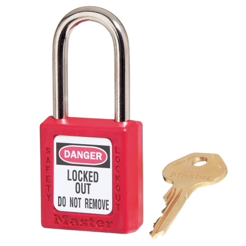 Safety Lockout Padlock, Different Key, Red , Thermoplastic Body, 6 mm Dia Shackle, 38 mm Ht Shackle, 20 mm Wd Shackle, Hardened Steel Shackle