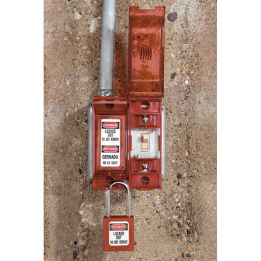 Safety Lockout Padlock, Different Key, Red , Thermoplastic Body, 6 mm Dia Shackle, 38 mm Ht Shackle, 20 mm Wd Shackle, Hardened Steel Shackle