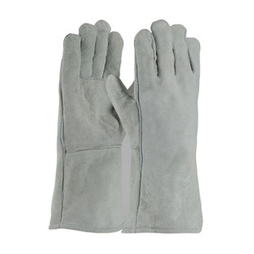 Welding Gloves, Shoulder Grade, Large, Cowhide Leather Palm, Split Cowhide Leather, Gray , Wing Thumb, Cotton, Full Leather Gauntlet Cuff, 13-1/2 in Lg