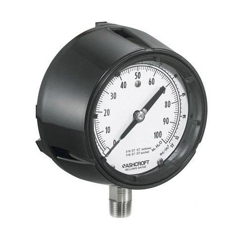 Mechanical Pressure Gauge, Dry, 20 psi, 1/4 in MNPT, 4-1/2 in Dia Dial, +/-2%-1%-2%, Dial Display, Panel Mount, 5-13/18 in dia,  37/16 in dp