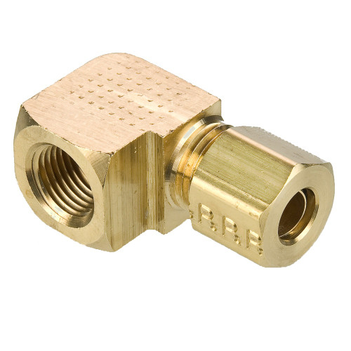 PARKER Elbow, 1/4 x 1/8 in, Compression x FNPT End, 0.91 in Lg, 1400 psi, Brass, 0.188 in Flow Diameter,  7/16 in-24, Forged, 90 deg Elbow
