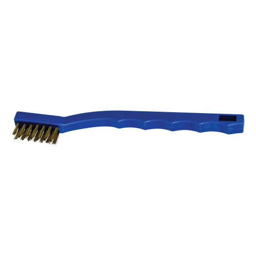 Scratch Brush, 1-1/2 in Brush, Synthetic Block, 1/2 in Block, 1/2 in Lg Trim, 1/2 in Trim, Brass Trim, 7 Row, Bent, Plastic Handle, 7-1/2 in Lg