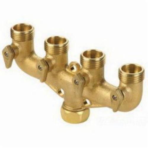 Valve Manifold, Garden Hose, 4 Outlet, 3/4 in Outlet, 1 -Inlet, 100 psi, 120 deg F, Forged Brass, Domestic Valve Manifold, Garden Hose, 4 Outlet, 3/4 in Outlet, 1 -Inlet, 100 psi, 120 deg F, Forged Brass, Domestic